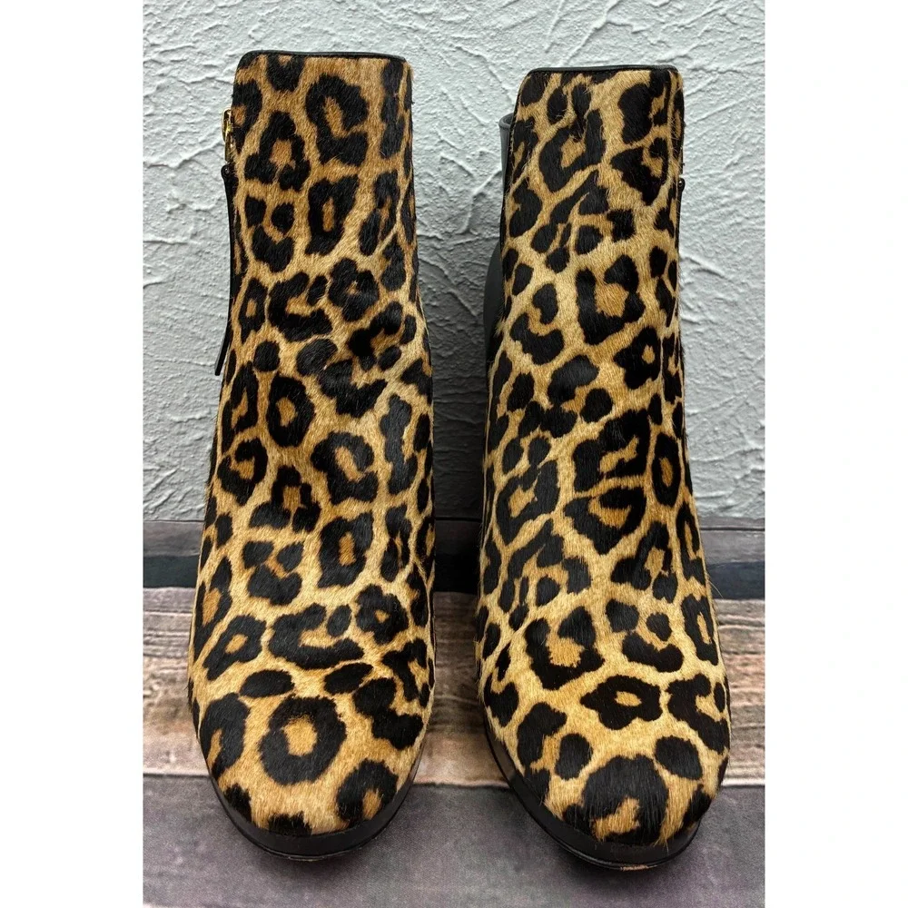 Michael Kors Womens 8M Leopard Calf Hair Platform Ankle Boots Side Zip Booties